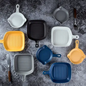 

Nordic Solid Handle Ceramic Plate Round Square Irregular Glaze Porcelain Baking Plate Western Steak Tray Dessert Dishes Plate