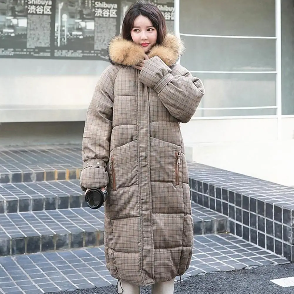 Long Plaid Fur Coat Hooded Down Coat 