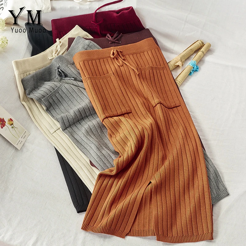 YuooMuoo Осенняя эластичная Женская юбка с завышенной талией, с карманами, с разрезом, прямая трикотажная Женская юбка, Элегантная черная юбка