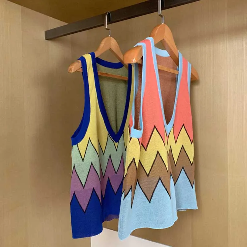 Pulôver com Decote em v Camisola de Malha Curta sem Mangas Nova Moda Onda Jacquard Colete 2020 Outono Primavera Solta Topos