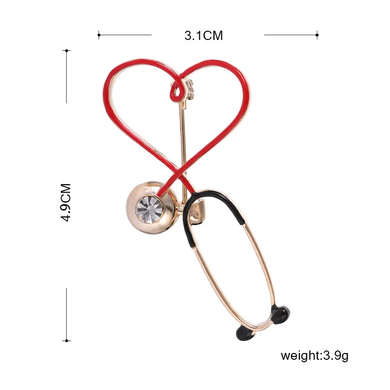 Funmor Lovely Heart Stethoscope Brooch Copper Pin Enamel Crystal Jewelry Women Doctor Uniform Decoration Accessories Work Bijoux