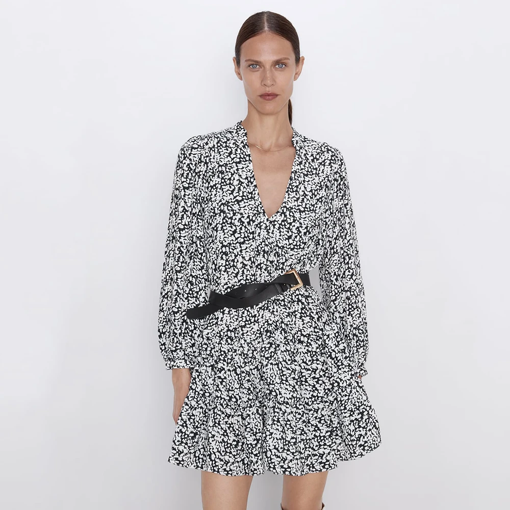 

2019 ZA Print Black White Short Dress for Women Boho V-Neck Laminated Decorative Hem Chic Design Casual Autumn Style Dress
