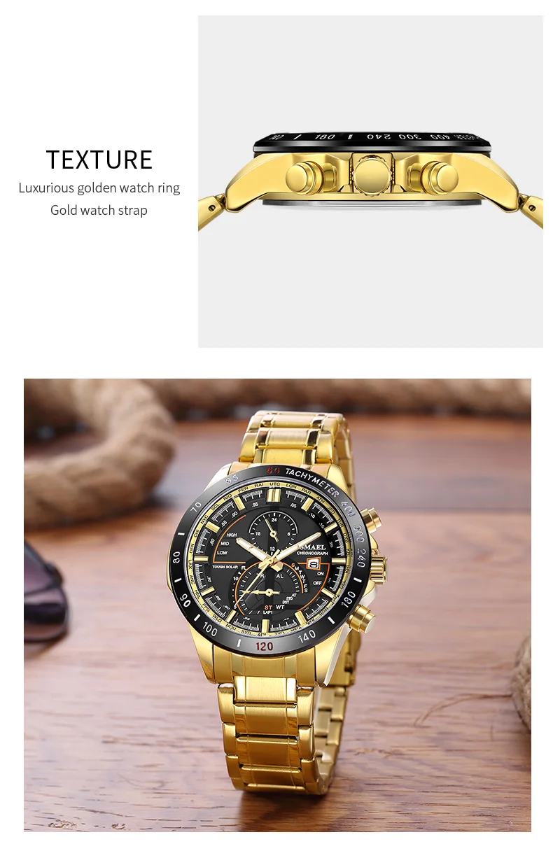 SMAEL Luxury Men Watches Gold Tone Stainless Steel Expansion Band Fashion Chronograph Quartz Watch Men Sport Wristwatch