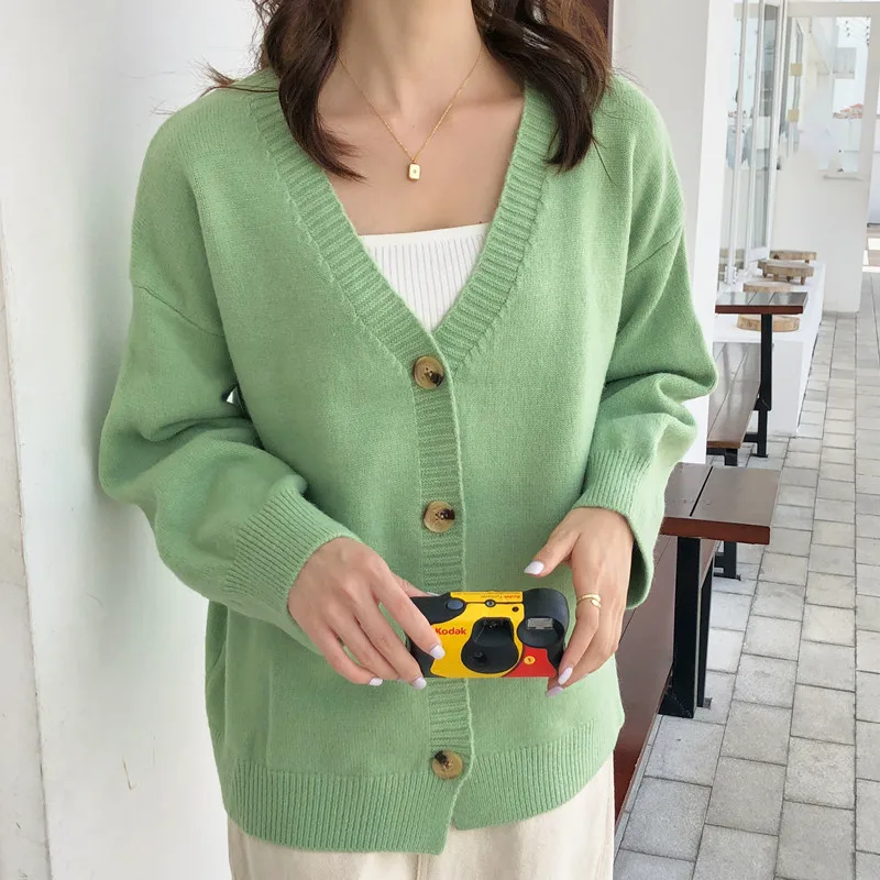 

CBAFU Green Knitted Cardigan Sweater Women Casual V-Neck Winter Jumper Korean Sweater Coat Button Oversized Cardigan Loose P464