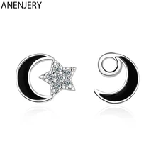 ANENJERY, модные серьги-гвоздики в виде черной глазури, Луны, звезды, 925 пробы, кубический циркон, серьги для женщин, милые ювелирные изделия S-E1017