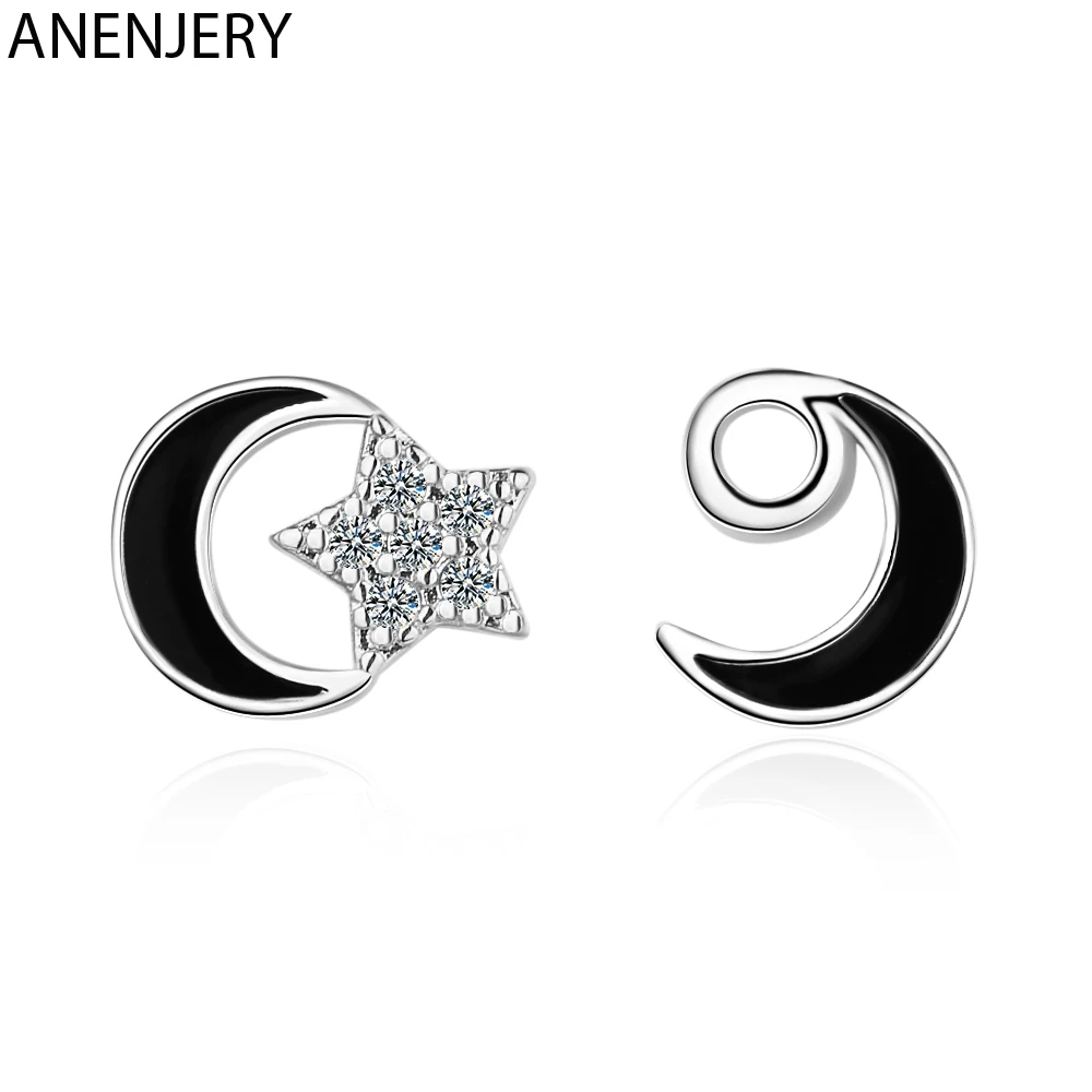 

ANENJERY Fashion Black Drop Glaze Moon Star Stud Earrings 925 Sterling Cubic Zircon Earrings For Women Cute Jewelry S-E1017