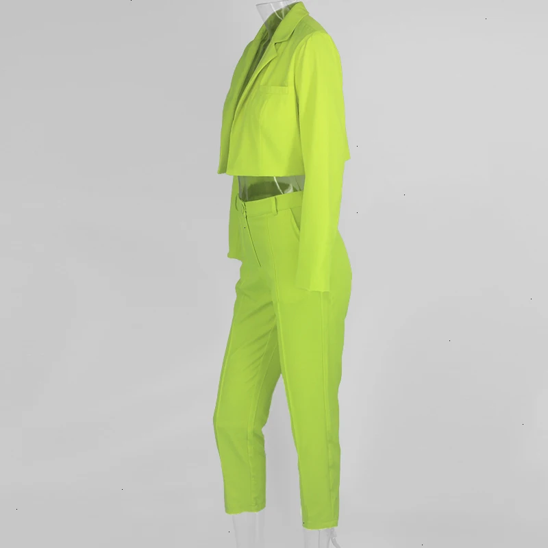 PFFLOOK неоновый зеленый комплект из двух предметов костюм с длинным рукавом укороченный топ Повседневный Женский комплект 2 шт. Топ и штаны Женский комплект из двух предметов