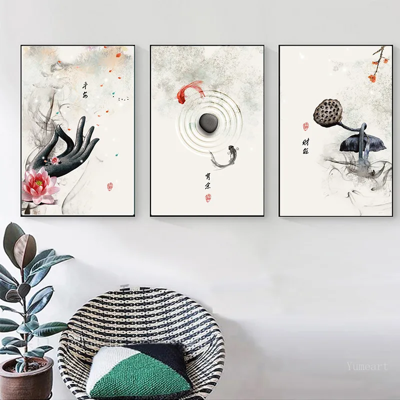 New Chinese Ink Lotus Flowers Buddha Hand and Fish Wall Art Print Picture Canvas Paintings Poster for Living Room Decor | Дом и сад