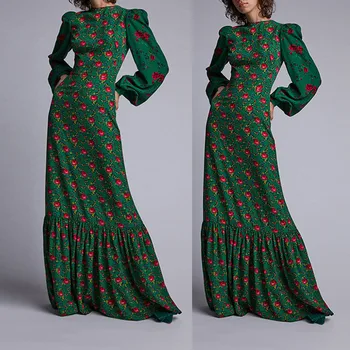 

long sleeve dress women puff sleeve floral print women casual half sleeve boho dresses maxi dress elegant robe longue #C