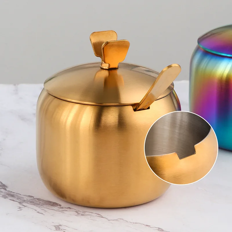 Kitchen Stainless Steel Gold Seasoning Condiment Pot Lovely Design Spice Salt Sugar Container Pepper Jar Tool with Lid and Spoon