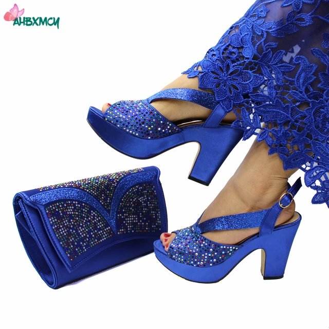 Latest Sexy Women High Quality Italian Ladies Shoes and Bag Set in Royal Blue Color with Shinning Crystal for Wedding 1