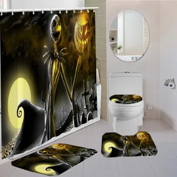 

4 Piece The Nightmare Before Christmas Shower Curtain Pedestal Rug Lid Toilet Cover Mat Bath Mat Set Cartoon Jack Bathroom Set