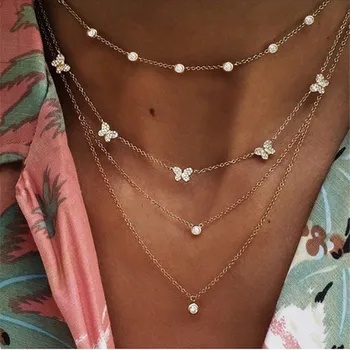 Multi-layer Crystal Geometry Necklace Vintage Star Moon Sun