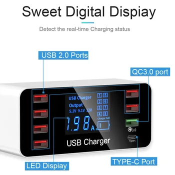 

Leehur 40W 8A USB Charger LED Display QC 3.0+Type C Quick Charge 3.0 USB Adapter Fast Charging Station Dock Travel Phone Charger