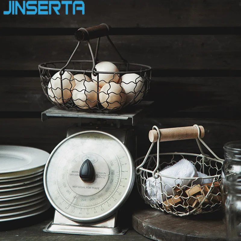 JINSERTA металлическая корзина для фруктов, винтажная корзина для десерта, хлеба, закусок, кухонный органайзер для еды, мелочей, с деревянной ручкой, настольный декор