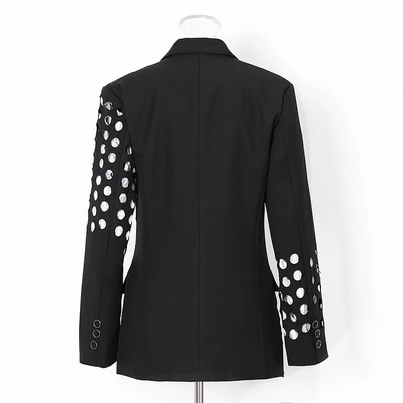 ECRURANI Hollow Out Casual Blazers For Women Notched Collar Long Sleeve Slimming Solid Blazer Female Fashion Clothing 2021 Style