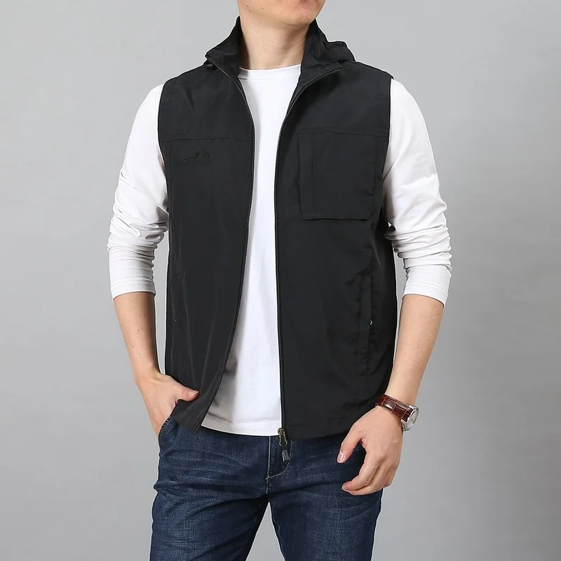 

New Male Casual Summer Big Size Sleeveless Vest Men Multi Pocket Outdoor Travel Photograph Waistcoat Fishing Vests with Cap