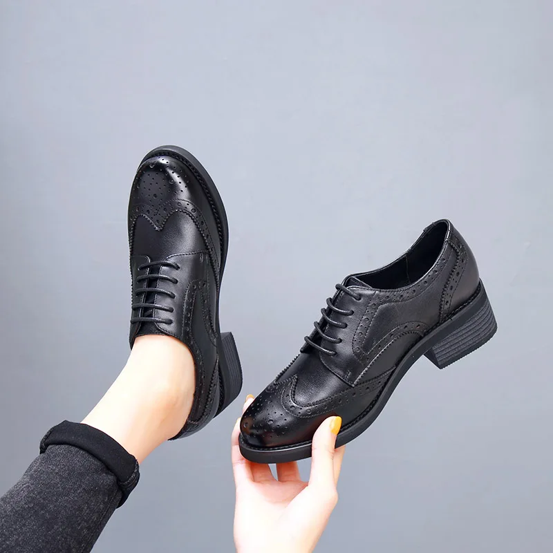 Cow Leather brown oxford shoes women lace up casual derby shoes fashion ladies brogue block heel women oxford shoes