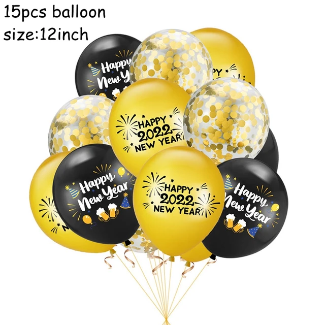 Happy New Year Decorations 2022 Christmas Balloons Decor Gold Black Disposable Tableware For Home New Year's Eve Party Ornaments B05-15pcs