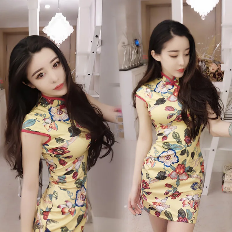 

YY Network Live Clothing Female Anchor Photogenic Clothes Sexy Slit Sheath Cheongsam Slimming Short-sleeve Dress