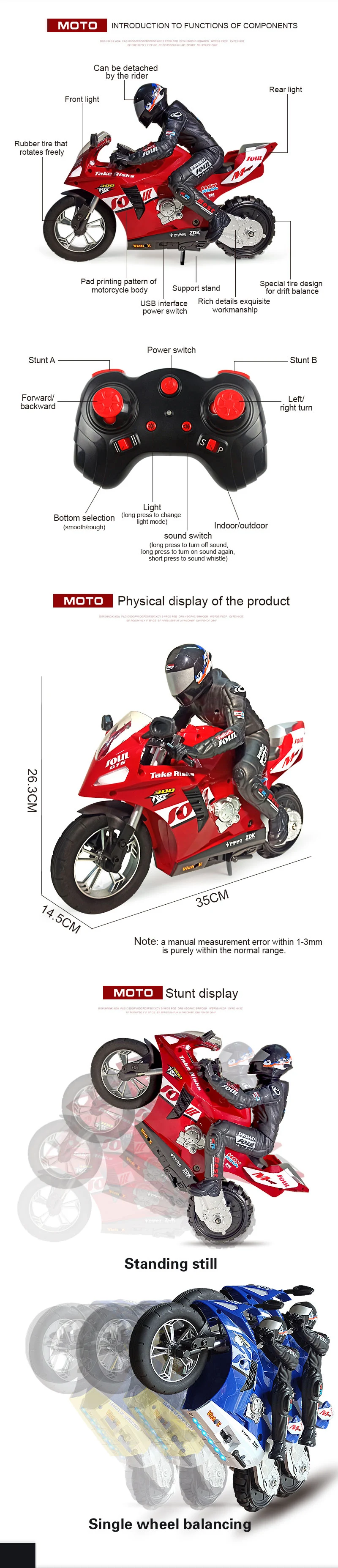 1:6 High Speed Motorcycle Self-Balancing 6 Axis Gyro Stunt Racing