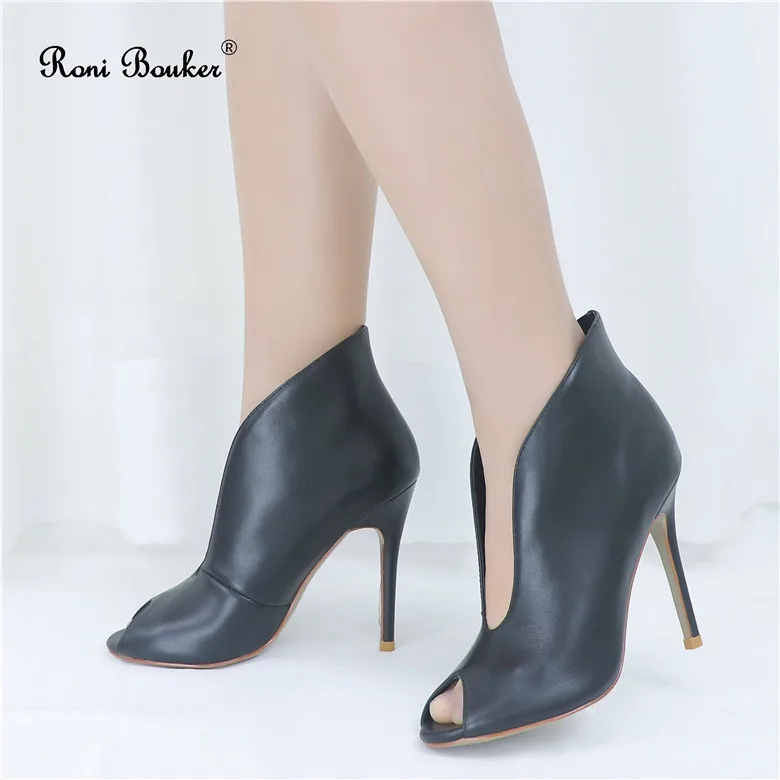 Black leather Roni Bouker/женские ботильоны с открытым носком; женская мягкая обувь из натуральной замши; женские ботиночки; женская обувь на каблуке; ботинки - Цвет: Black leather