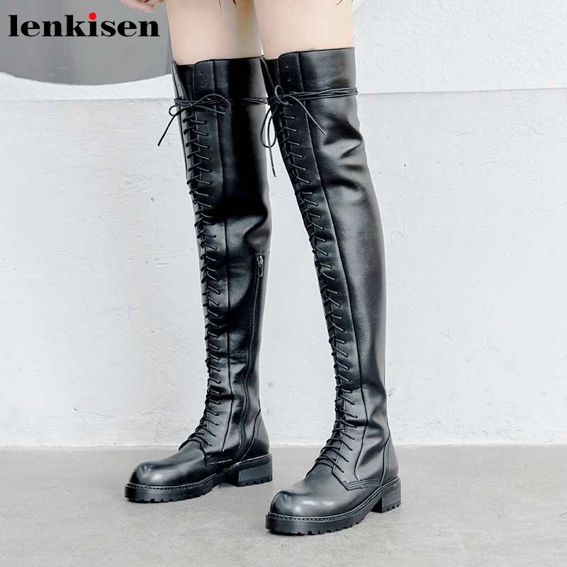Lenkisen/модная обувь для отдыха из коровьей кожи на шнуровке зимние женские сапоги выше колена на молнии с круглым носком на среднем каблуке L16