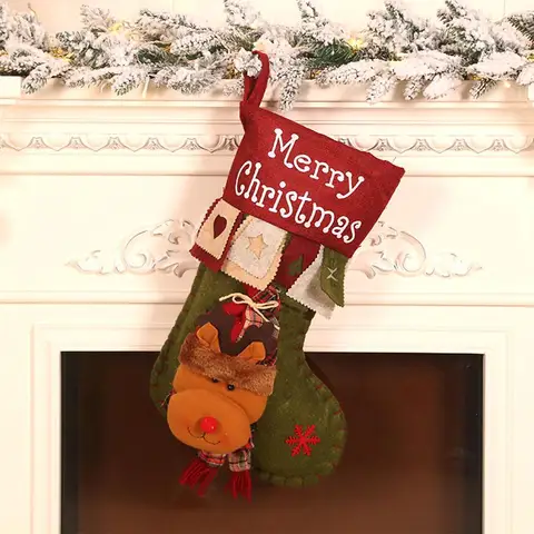 Stocking Linen Printing Creative Cartoon Three-dimensional Christmas Socks Gift Bag Snowman Elk Old-style Patch Socks