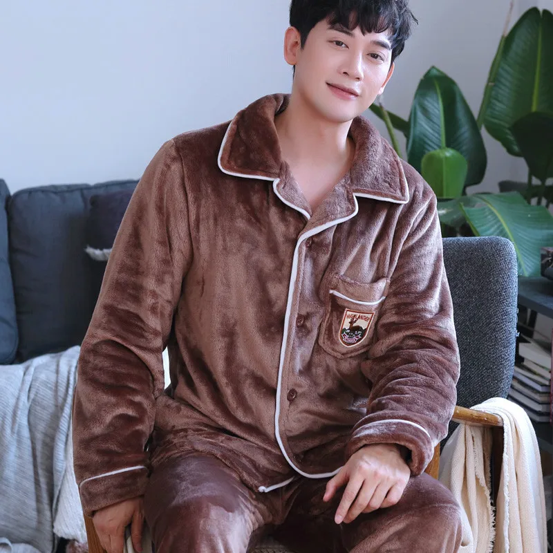 H5909 мужские пижамы Осень Зима утолщенная фланелевая размера плюс теплый комплект одежды для сна для молодых мужчин среднего возраста