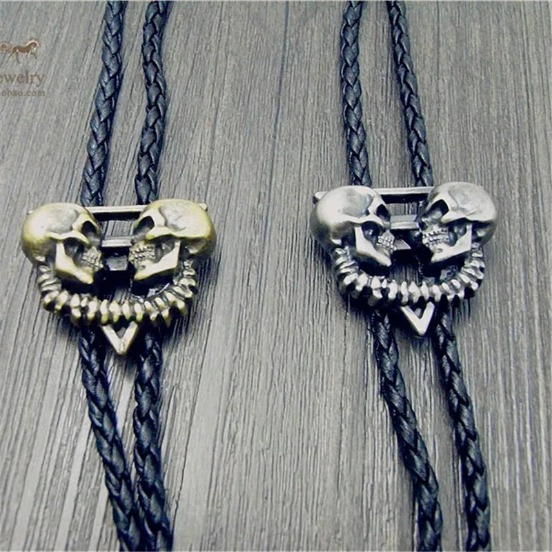 

Bolo tie The latest retro shirt chain Double skeleton head Poirot tie rope leather necklace Long tie hang