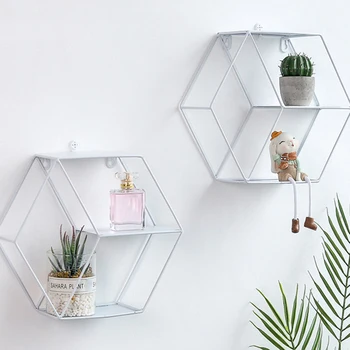 

Nordic style decorative metal round shelf hexagonal storage rack holder shelves wall decoration home ornament potted rack holder