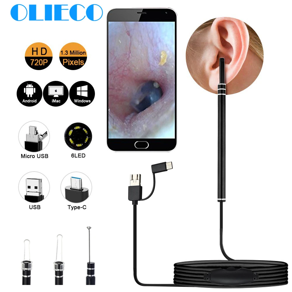 

Medical In Ear Cleaning Endoscope Spoon Mini Camera Ear Picker Ear Wax Removal Visual Ear Mouth Nose Otoscope Support Android PC
