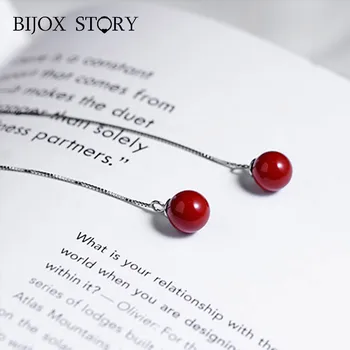 

BIJOX STORY Fashion 925 Silver Drop Earrings with Round shape Ruby Gemstone Long Style Fine Jewellery Earrings for Women Wedding