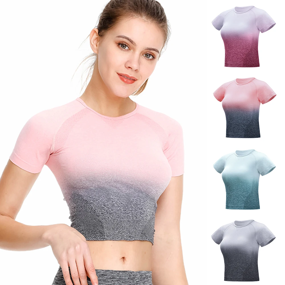 Градиент цвета для женщин Йога Топ Спортивная рубашка короткий рукав топы для тренировок и занятий йогой Спорт Фитнес укороченный топ Женская Йога Рубашка