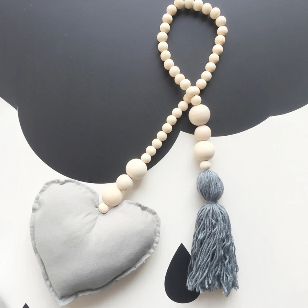 Серый Vertical Art Bedroom Wood Beaded Craft Heart Shaped Decorative Pendant Cute Backdrop Cribs Handmade For Kids Hanging Decoration - Цвет: Серый