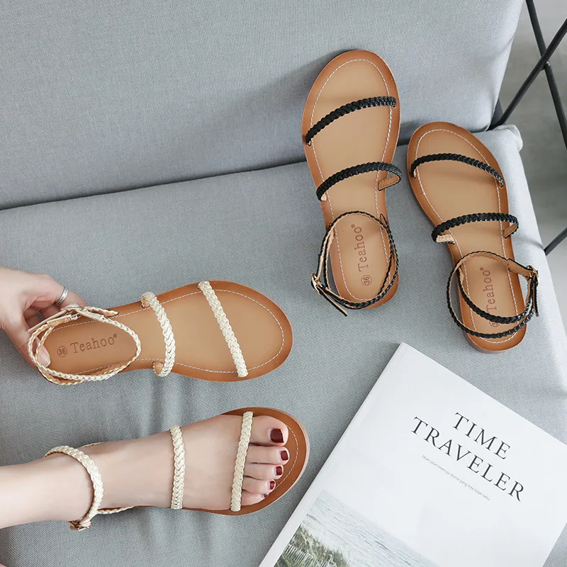 

Hot Selling Japanese-style Flat Sandals Women's Simple Sandals Korean-style Knitted Belt Students WOMEN'S Shoes