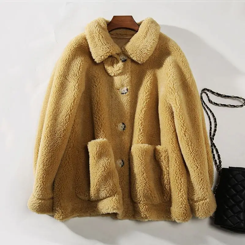 Женское зимнее пальто из натурального меха плюшевый мишка из натуральной шерсти, пальто из смешанной шерсти, Женская негабаритная овечья стрижка, куртка Abrigos Mujer K328 - Цвет: mi huang