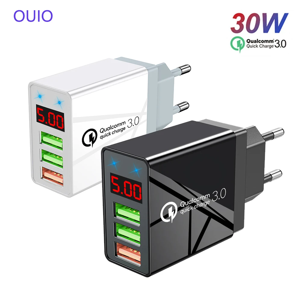 

OUIO 3A QC 3.0 Digital Display USB Charger EU Plug 3 Ports Wall Charger For iPhone 12 Fast Charging Head For Samsung Xiaomi