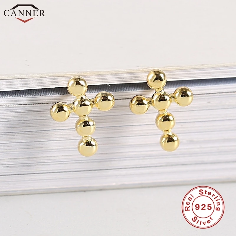 Крестик позолоченный серьги гвоздики для женщин маленькие металлические бусины серьги стерлингового серебра 925 маленькие сережки модные ювелирные изделия H40