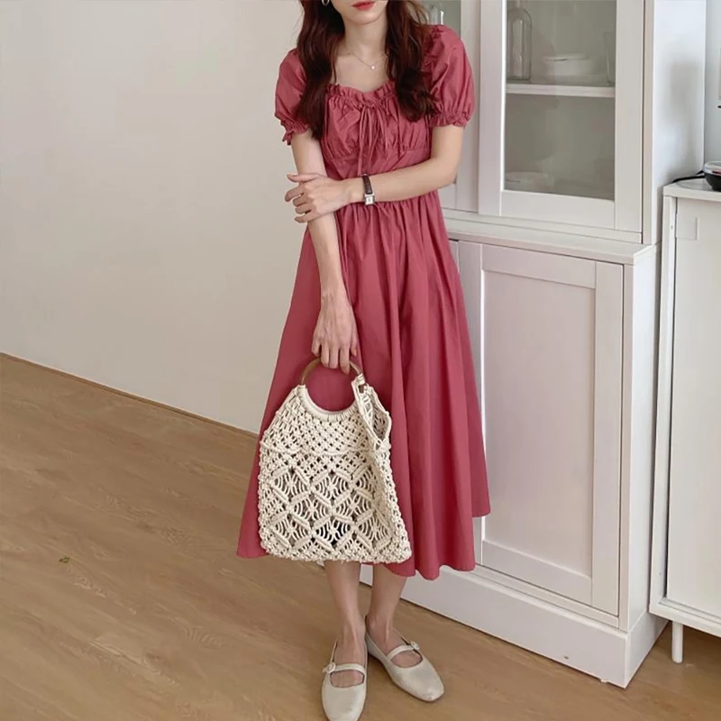 OCEANLOVE Ruffles Elegant Robe 2020 Korean Chic Solid Women Dress A-line Pleated Long Summer Dresses Puff Sleeve Vestidos 16771