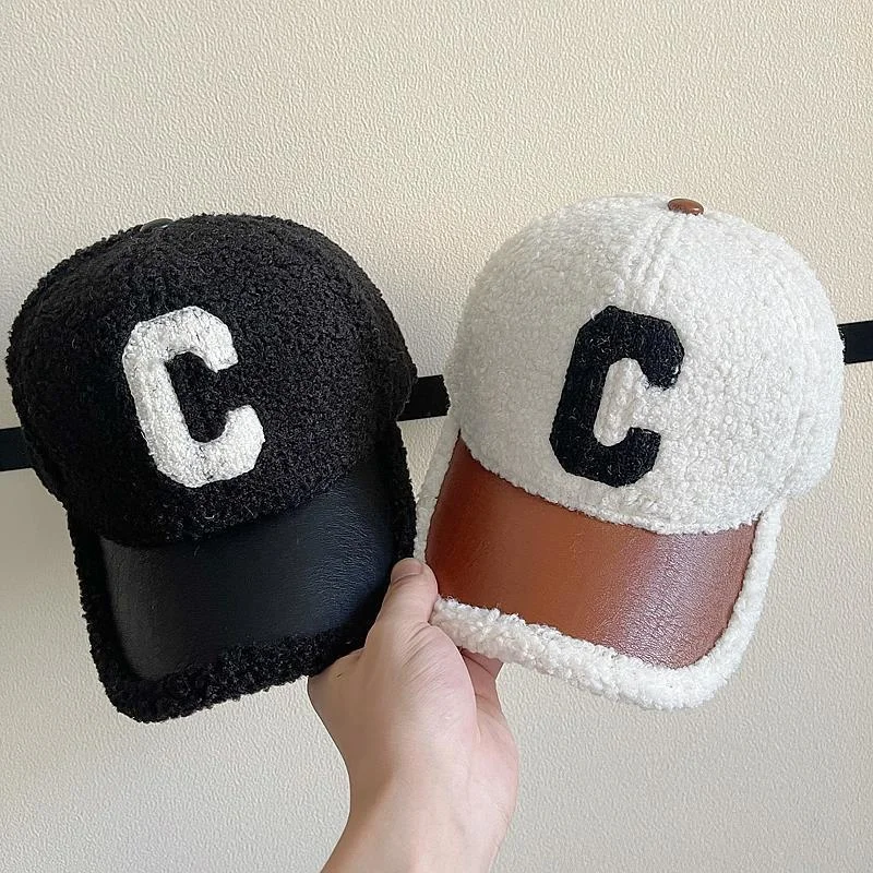 custom ball caps Unisex Winter Hat Letter C Embroidery Lamb Wool Baseball Cap Fashion Female Outdoor Leisure Warm Windproof Cap For Women Men ladies baseball cap