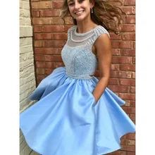 Платье для выпускного вечера с круглым вырезом и бисером; атласные Короткие мини-платья для девочек на выпускной