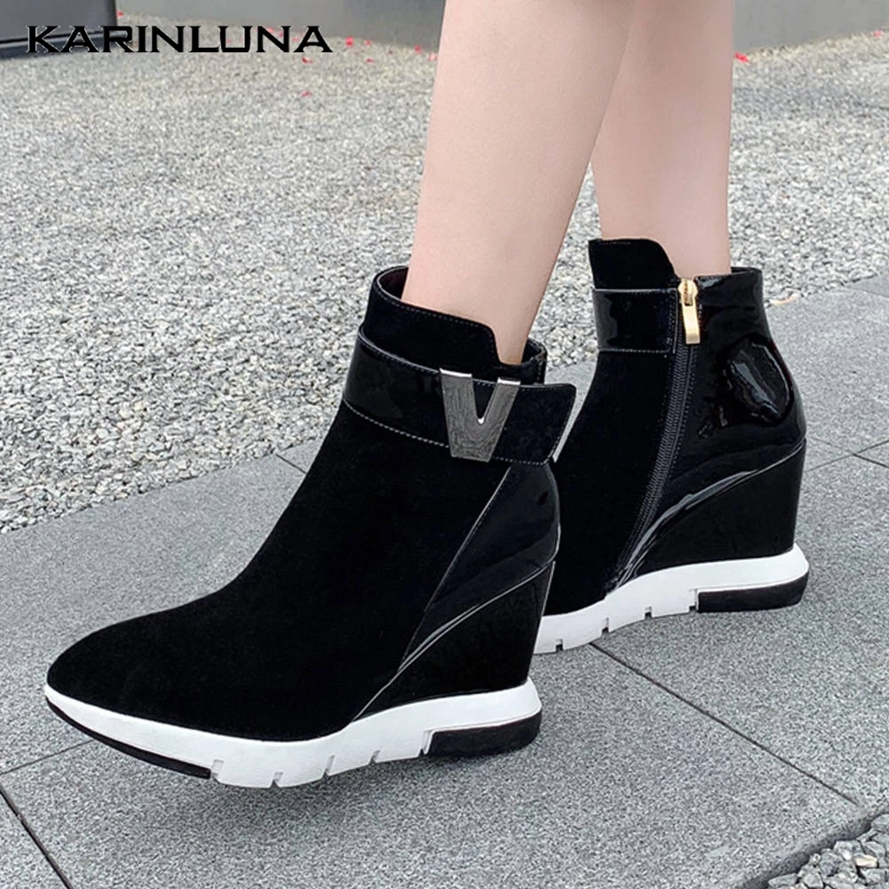 

Karinluna 2019 Top Quality Brand Nature Cow Suede Fashion Wedges High Heels Woman Shoes Boots Women Ankle Boots Female