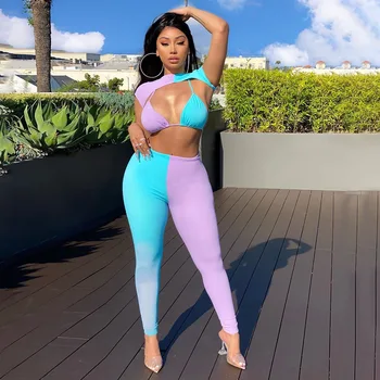 

NCLAGEN Color Block Patchwork Tracksuit Women Sexy Crop Top Bra Ultra Short Pullover Elastic Hight Fitness Leggings 3 Pieces Set