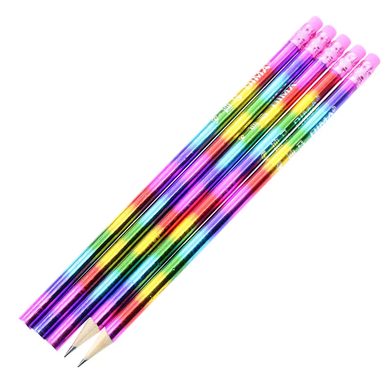 5 шт. с резиновым карандашом, Радужный деревянный карандаш, зеленый карандаш, цветной внешний вид, школьные HB стандартные, легко рулонные, непрерывный стержень