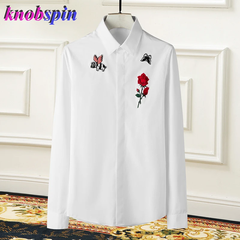 

Elegant Embroidery Shirt men 2019 Long sleeve Slim Chemise homme Brand business male dress shirts Streetwear Camisas masculina