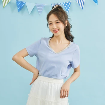 

IEF Spring Summer Daily Solid Women Blouse Tops Causal Vneck Short Sleeves Loose Blouse Female 1301N-D9611-