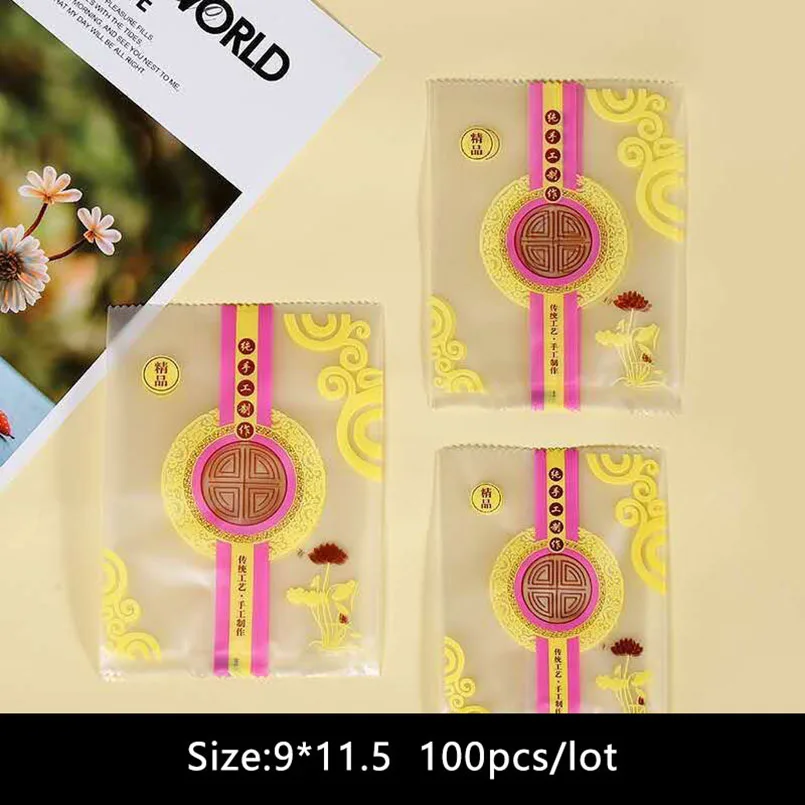 100pcs Frosted Lace Chinese Holiday Pattern Machine Seal Handmade Snowflake Crispy Gift Packaging Bag Pink Stripes Flower Bags | Дом и сад