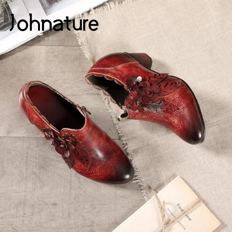 Women Pumps Shoes Genuine Leather Pumps Women Shoes Autumn Zip Retro Casual Round Toe Flower Handmade