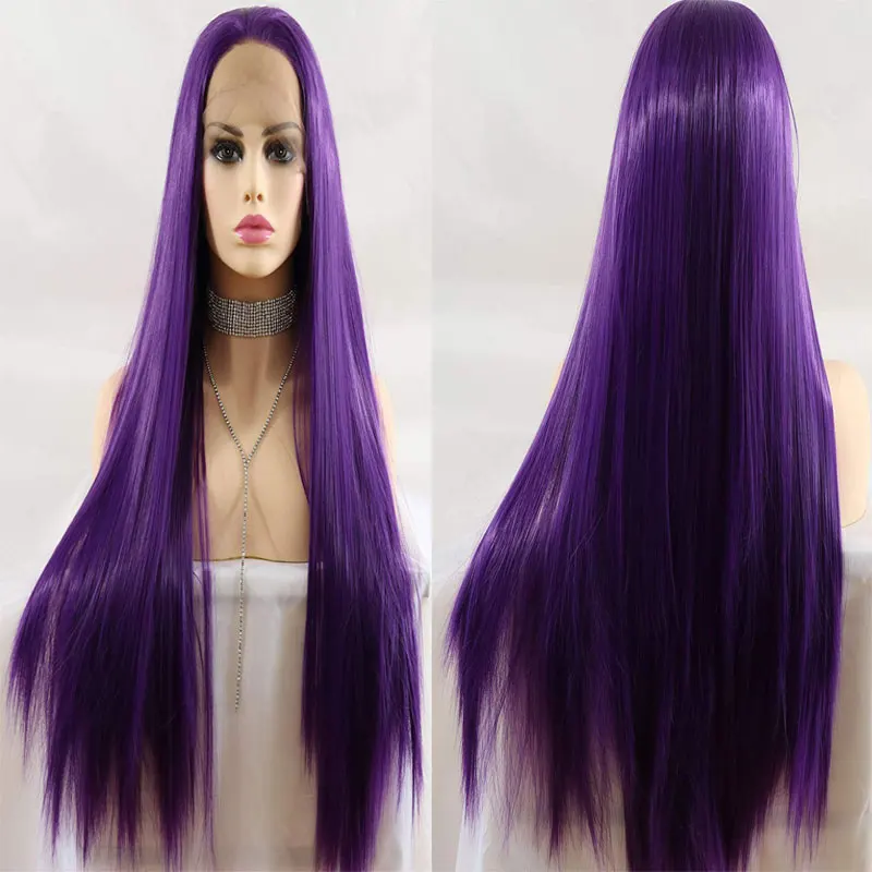 Purple Colour Silky Straight Synthetic 13*4 Lace Front Wig Heat Resistant Fiber Hair Natural Hairline Free Parting For Women Wig